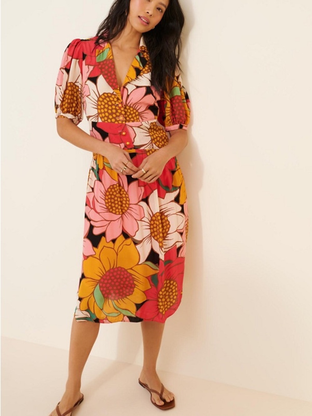 FARM Rio Bold Floral Midi Dress in Pink, Yellow & Red